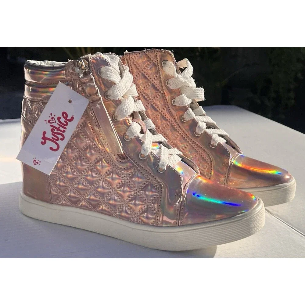 New Justice Rose Gold Holographic Quilted Wedge High Top Sneakers Girls Size 8